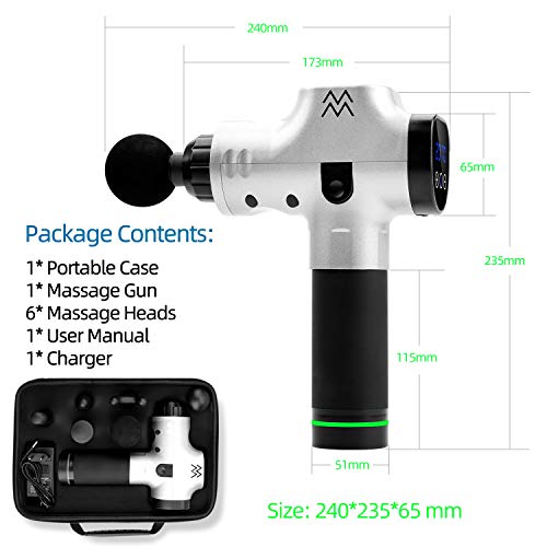 Massage Gun Deep Tissue Percussion Muscle Massager for Pain Relief, Handheld Electric Body Massager with 20 Adjustable Speed,6 Head,Quiet & Comfortable Muscle Soreness Relieves (Noble Silver).