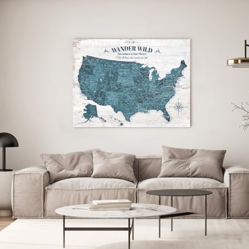 Image of IPIC - Antique Blue USA Travel Map, Pin Board Canvas Wall Art, Travel Map with Pins Included, Ready to Hang for Home or Office, 40x30 Inch