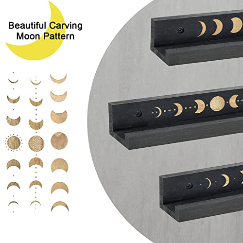 Set Of 3 Crystal Shelf Display Rustic Wooden Moon Shelf, Floating Shelves For Crystals And Vinyl Record Storage, Display Shelves For Living Room, Bedroom, Dorm Room (Black) #TOP5