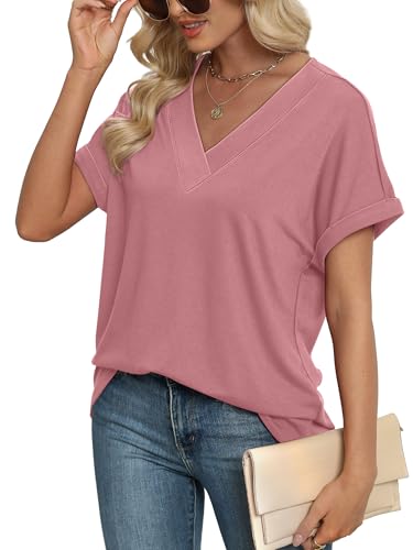 Image of WIHOLL Womens Summer Tops Short Dolman Sleeve Shirts 2026 Fashion V Neck Outfits Clothes