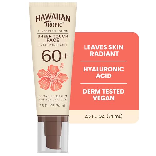 Image of Hawaiian Tropic Sheer Touch Face Sunscreen Lotion SPF 60, 2.5 Fl Oz | Hyaluronic acid sunblock, Travel size sunscreen for face, Radiant finish, Layers under makeup, Broad spectrum protection