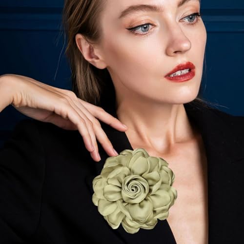 Image of Extra Large Satin Fabric Flower Brooch for Women Elegant Rose Camellia Floral Brooch Pin Handmade Big Satin Fabric Flower Statement Brooch Pin Vintage Clothing Hat Bag Accessories Christmas Wedding Bridal Birthday Jewelry