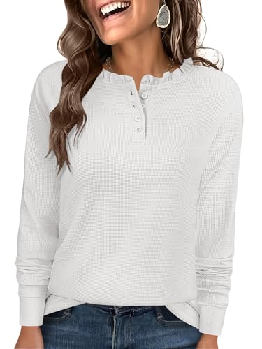 Women's Long Sleeve Henley Tops Casual Waffle Knit Shirts Button Up V Neck Tunic Top Fall Outfit 2025