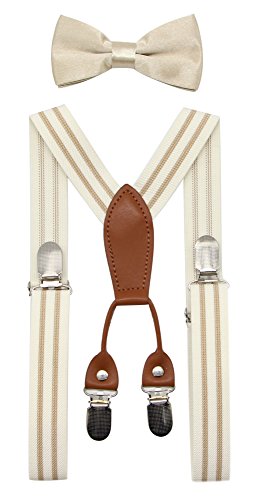 JAIFEI Toddler Kids 4 Clips Adjustable Suspenders and Matching Bow Tie Set (Cream)