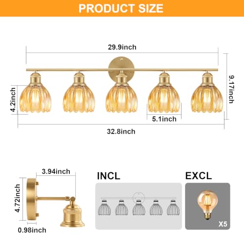 Image of Bathroom Light Fixtures, 5-Light Brushed Gold Vanity Lights for Bathroom with Amber Tulip Glass Shade, 30 inch Vintage Bathroom Vanity Lighting Fixtures Over Mirror for Bedroom Living Room Hallway