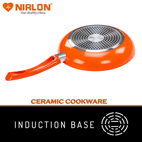 NIRLON Ceramic Induction Base Non-Stick Aluminium Fry Pan and Kadhai with Glass Lid - Set of 2 (Orange) - Image 5