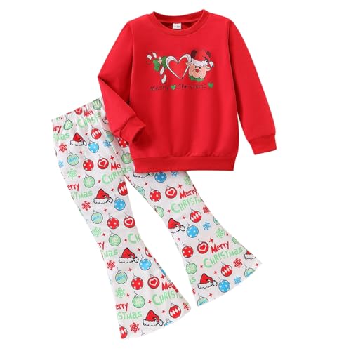 Image of Toddler Girl Clothes Long Sleeve Cartoon & Letter Graphic Top + Fruit Stationery Print Flared Leg Pants