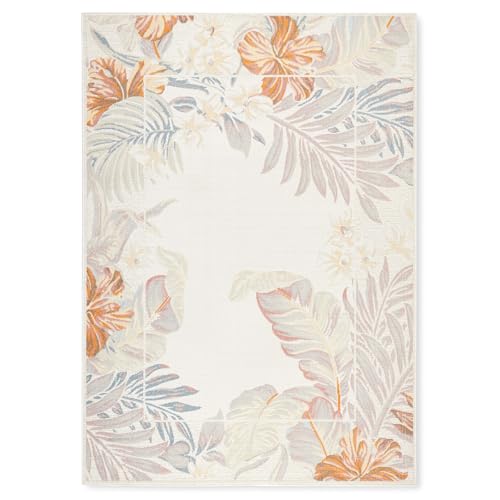 Tommy Bahama Bimini Blooming Border Indoor Outdoor Area Rug, Leaf Tropical Design, UV Fade Resistant, Ivory/Blue/Coral, 3'11"x5'2"