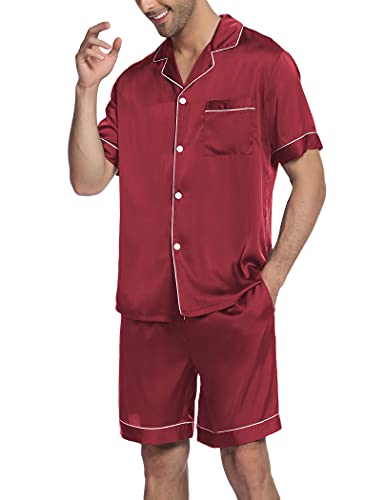 Image of Ekouaer Mens Satin Pajamas Set Button-Down Short /Long Sleeve Shirt Top Soft Silk Sleepwear Loose Pocket Pant Loungewear