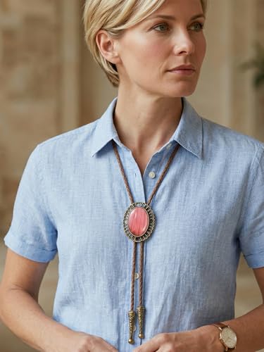 Image of Jeilwiy Bolo Tie for Men Real Stone Westwern Cowboy Ties Silver Bolos Women Leather Necktie Gift for Birthday Christmas