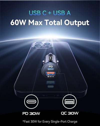 INIU Car Charger, Cigarette Lighter USB Charger Total 60W [USB C 30W+USB A 30W] 12V USB Socket, PD3.0 Fast Charge Car Phone Charger Metal Adapter for iPhone 17 16 15 14 13 Pro Max iPad Samsung Google