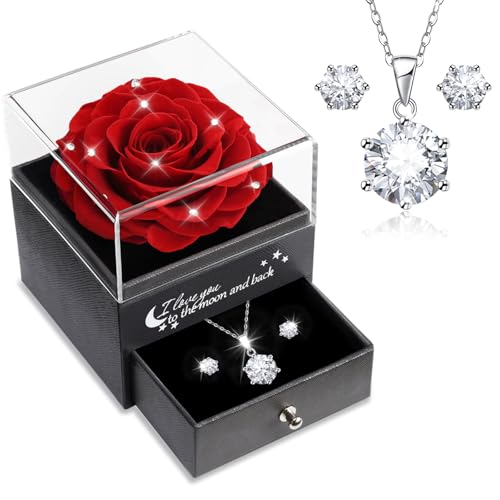 Sunia San Valentin Regalos Mujer,Rosa Eterna con Collar y Pendientes de Plata de Ley 925,Rosa Preservada para Mama Abuela Novia,Regalos Originales para Mujer,Regalos Cumpleaños Navidad Dia de la Madre