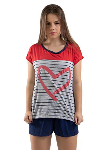 Pijama Curto Listrado Estampado Coração Feminino Baby Doll (G)