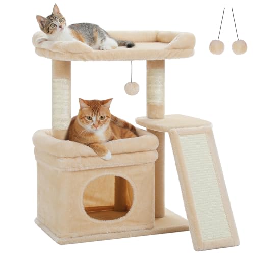 PETEPELA Petit arbre à griffer pour chats adultes de grande taille avec large plateforme supérieure, caverne privée pour chat et colonne à griffer en sisal, tapis à griffer pour chats d'appartement