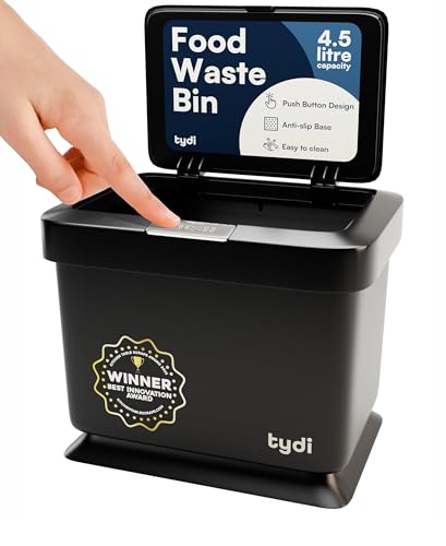Tydi 4.5L Food Waste Bin with Press-Button Lid Compost Bins for Kitchen - Anti-Slip Base and Secure Lid Kitchen Compost Small Indoor Caddy for Cupboard or Countertop Black