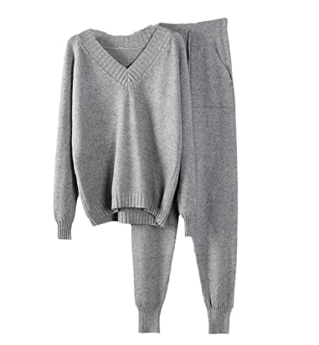 Ensemble cachemire femme col V et pantalon maille gris luxe