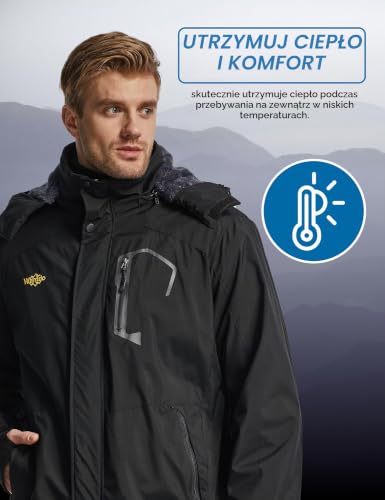 Męska kurtka narciarska Wantdo Outdoor ciepła kurtka zimowa z odpinanym kapturem, wodoodporna, wiatroszczelna, turystyczna