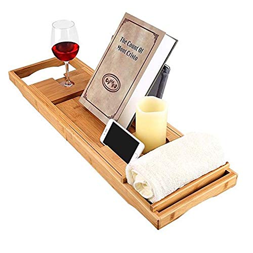 Preisvergleich Produktbild Luxus-Badewannenablage, Badewannenauflage Mit Sekthalter, Badewannentablett Mit Buchstütze Aus Hellem Bambus,Woodcolor-74.5-108 * 23cm