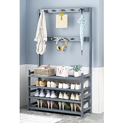 Perchero de pie con Espejo, Exquisito Zapatero de 4 Niveles, Perchero de pie con Doble Gancho, Perchero de pie para Entrada, Mueble de Almacenamiento para vestíbulo, Color Gris.