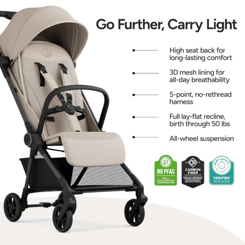 Image of Mompush Nexis Carbon Fiber Lightweight Travel Stroller, Carry-On, Khaki | Lightweight travel stroller for airplane, compact auto-fold, one-hand recline, XL basket, cup holder, rain cover included