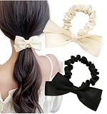 [Herbeluemily] リボン シュシュ ヘアゴム 髪飾り リボンゴム 髪ゴム リボンシュシュ ヘアアクセサリー ブラック オフホワイト 2本セット HM-0133-R02-BKOWH