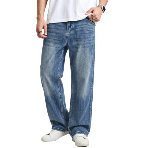 Image of JMIERR Men's Baggy Denim Pants Stretch Wide Leg Jeans | Baggy stretch y2k denim jeans for men, relaxed Loose Fit, metal button zip fly, 5-pocket, all season wear, machine wash