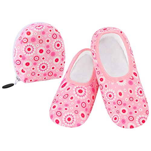 Image of Snoozies Skinnies Packable and Foldable Travel Slippers for Women with Zipper Pouch, Soft Sherpa-Lined Slipper Socks Non-Skid