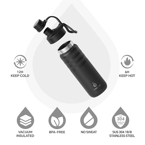 Image of IDEUS Vacuum Insulated Water Bottle, Stainless Steel Double Wall Flask Metal Sports Canteen with Leak-Proof Screw Cap (Black, 24oz (710ml))
