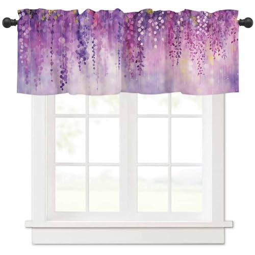 カフェカーテン おしゃれ 春の花 花柄 抽象 藤の花 ファンタジー 油絵風 パープル 遮像 UVカット お風呂 小窓 出入り口 短い カーテン 間仕切り目隠し 半窓カーテン キッチン ボーダー 洗面所 居間 喫茶店 1枚 幅107cm x 丈30cm