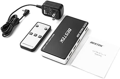 BESTEK 4K 3-in-1 HDMI Switch, remote control, power adapter, and user manual