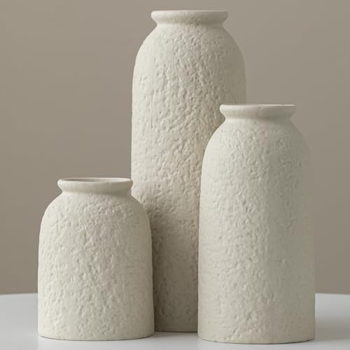 Large Decorative Ceramic Vase Set, 3 Pieces, Nordic Modern Boho Style, Berge Color, Modern Farmhouse for Home Decor (XL Beige Texture)