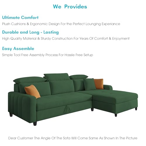 Image of Casaliving Gagnon RHS 4 Seater L Shape Corner Sofa Cum Bed for Living Room (Green Fabric) Premium Fabric Sofa