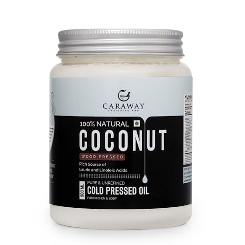 CARAWAY Cold Pressed Coconut Oil for Hair | Traditional Kachi Ghani Wood Pressed Nariyal Tel Coconut oil for Cooking and Ayurvedic Rituals – 100% Pure and Unrefined - 500 ml Jar