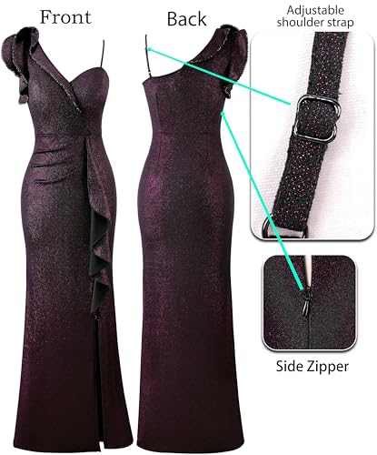 Image of VFSHOW Womens Formal Prom Elegant Ruffle One Shoulder Beaded Strap Ruched Slit Maxi Dress Wedding Evening Long Gown