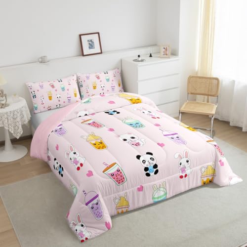 Image of Feelyou Cartoon Milk Tea Bedding Set Queen Size, Kids Cute Panda Comforter Set Kitten Cat Comforter Rabbit Duvet Insert 3Pcs