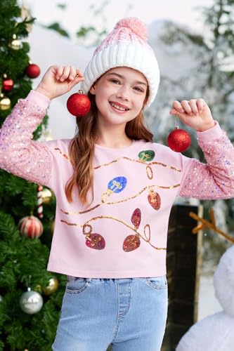 BesserBay Girls Christmas Long Sleeve Funny Shirt Sequin Patchwork Crop Tops 6-14 Years4