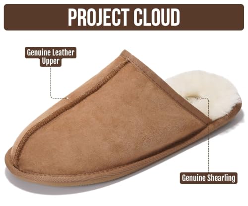 Image of Project Cloud Men's 100% Genuine Leather Shearling Memory Foam Slippers | Genuine Shearling Lining and Lightweight Non-Slip Indoor & Outdoor Wear Slippers for Men - Water-Resistant Mens Slippers