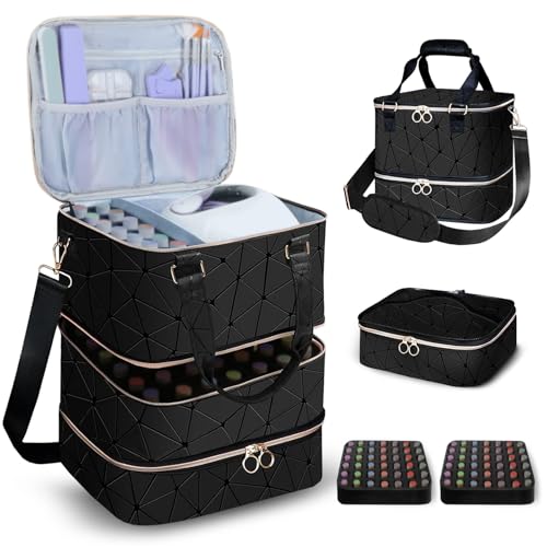 3-Layer Travel Makeup Bag,Nail Polish Organizer,Nail Tools Storage,2 in 1 Removable Polish Package,Waterproof,Adjustable Dividers Compartment,Holds 84 Bottles of 15ML Nail Polish