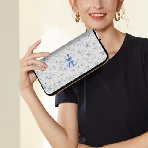 Image of Women's Wallets Credit Card Holder Money Leather Long Wallet | Long wallet with Wristlet,Large Capacity with Zip-Around Phone Purse for Women Ladies Girls,Blue Bow