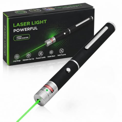 Image of J.M Party & Fun Green Laser Pointer Pen - Long Range High Visibility Laser Beam with Pocket Clip, Anti-Slip Grip & Push Button for Presentation, Teaching & Astronomy (Battery Not Included)