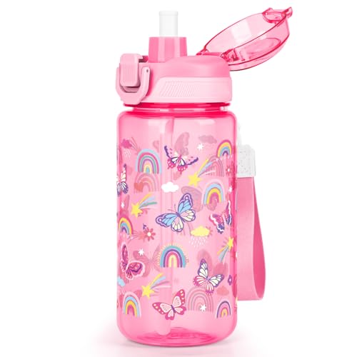omedecal 20oz 2 in 1 Removable Straw Kids Water Bottle, Butterfly