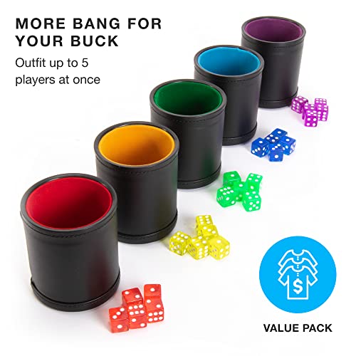 Professional Shaker Cups | Leather With Velvet Felt-Lined Interior | 5 Multicolor Lined Cups And 25 Multicolor Dice Set #TOP1