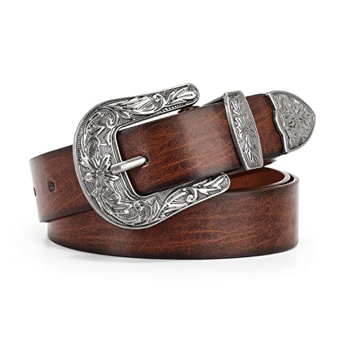 Women's Vintage Western Genuine Leather Belt Black Waist Belt for Jeans