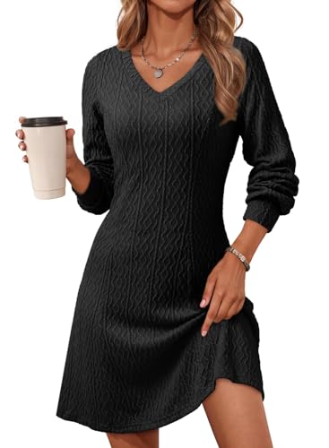 Image of Dokotoo Dresses for Women Trendy V Neck Knit A Line Long Sleeve Dress Sweater Dress