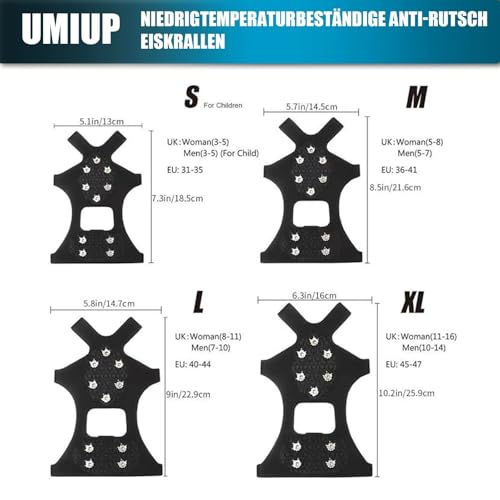UMIUP Steigeisen für Schuhe, 10 Zähne Schuhkrallen, Anti Rutsch Schuhkralle, Eiskralle zum Spielen im Schnee mit Edelstahl Spikes für Wandern, Schnee, EIS, Trekking, Eisfischen ((L (EU 40-44))