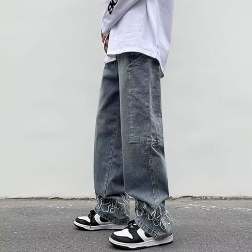 Men's Y2K Jeans Vintage Hip Hop Baggy Denim Pants Loose Fit Flame Graphic Streetwear Jeans Trousers4