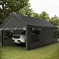 Shintenchi 12x20 FT Heavy-Duty Design Carport,Portable Garage Canopy,Carport Canopy with Side-Opening Removable Door & Roll-Up Window,Portable Car Port for Car, Truck, Boat,Grey
