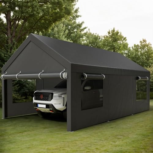 Shintenchi 12x20 FT Heavy-Duty Design Carport,Portable Garage Canopy,Carport Canopy with Side-Opening Removable Door & Roll-Up Window,Portable Car Port for Car, Truck, Boat,Grey
