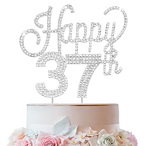 LINGTEER Decorazione per torta con scritta "Happy 37th Birthday", con strass, colore: argento, con scritta "Cheers to 37th Birthday 37 Years Old Anniversary"