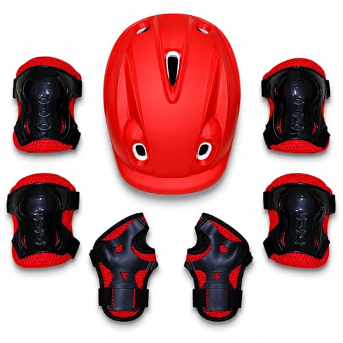 OVERS Kids & Adults Protective Gear Set 7-in-1 Helmet Knee Pads Elbow Pads & Wrist Guards for Scooter Skateboarding Cycling & Roller Skating (Red Free Size)